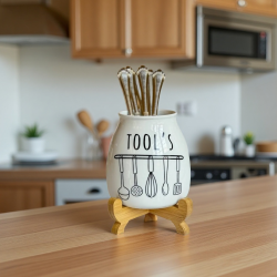 Porcelain Utensil Holder with Wooden Base